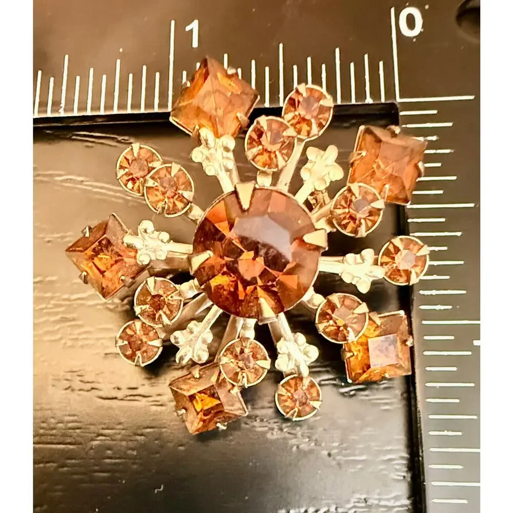 Vintage Silver Tone Amber Rhinestone Atomic Starburst Brooch Unsigned